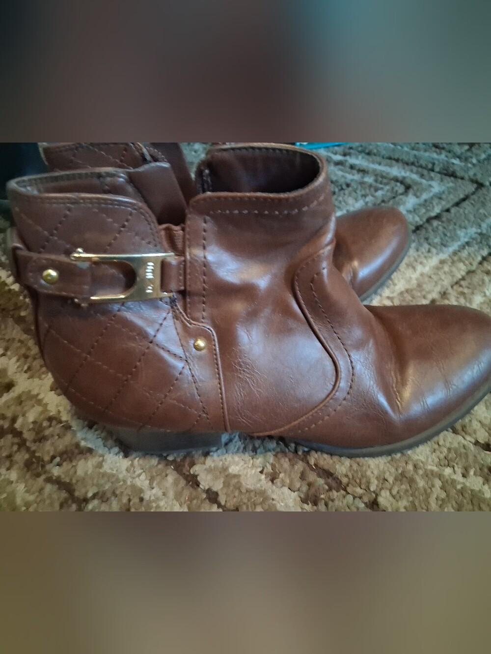 Unisa Brown Quilted Ankle Booties with Gold Buckle